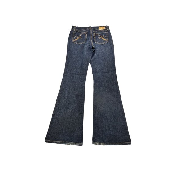 Grane Flare Leg Jeans Juniors Sz 5 Dark wash Wide Leg Distressed Hem - Picture 3 of 11